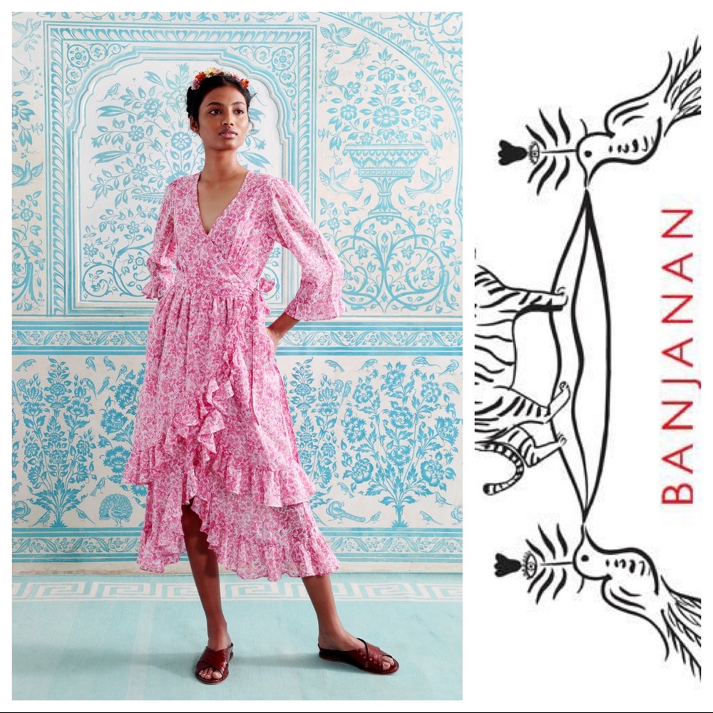 Banjanan pink floral “Marta” wrap midi dress with ruffle layered bottom